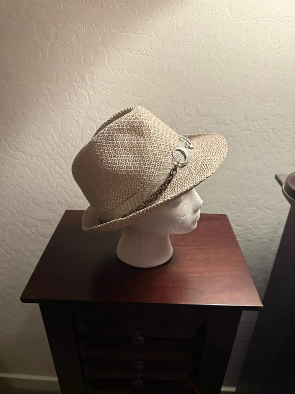 Straw Fedora Hat with Silver Decorative Band - Beige
